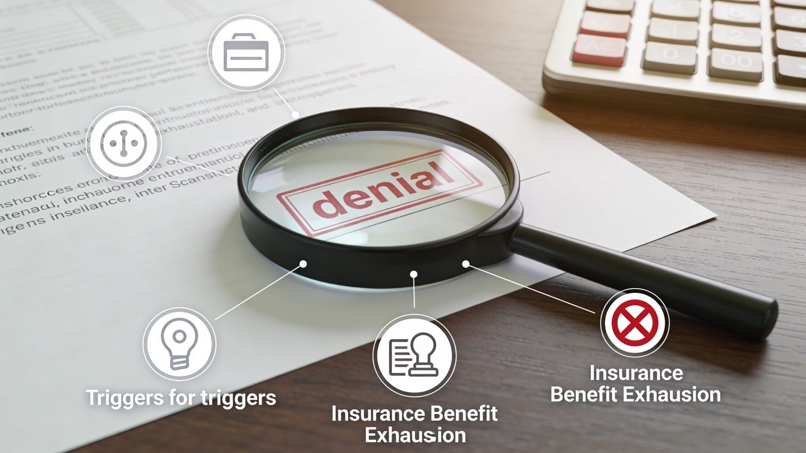 A magnifying glass resting on a document focusing on the word denial with several insurance related icons around it.