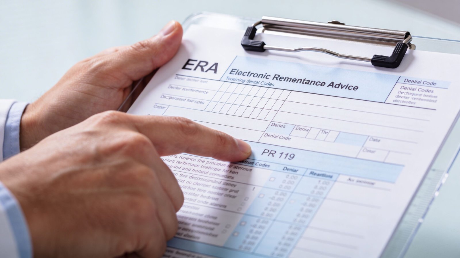 A doctor pointing at a PR 119 denial code on an Electronic Remittance Advice document.