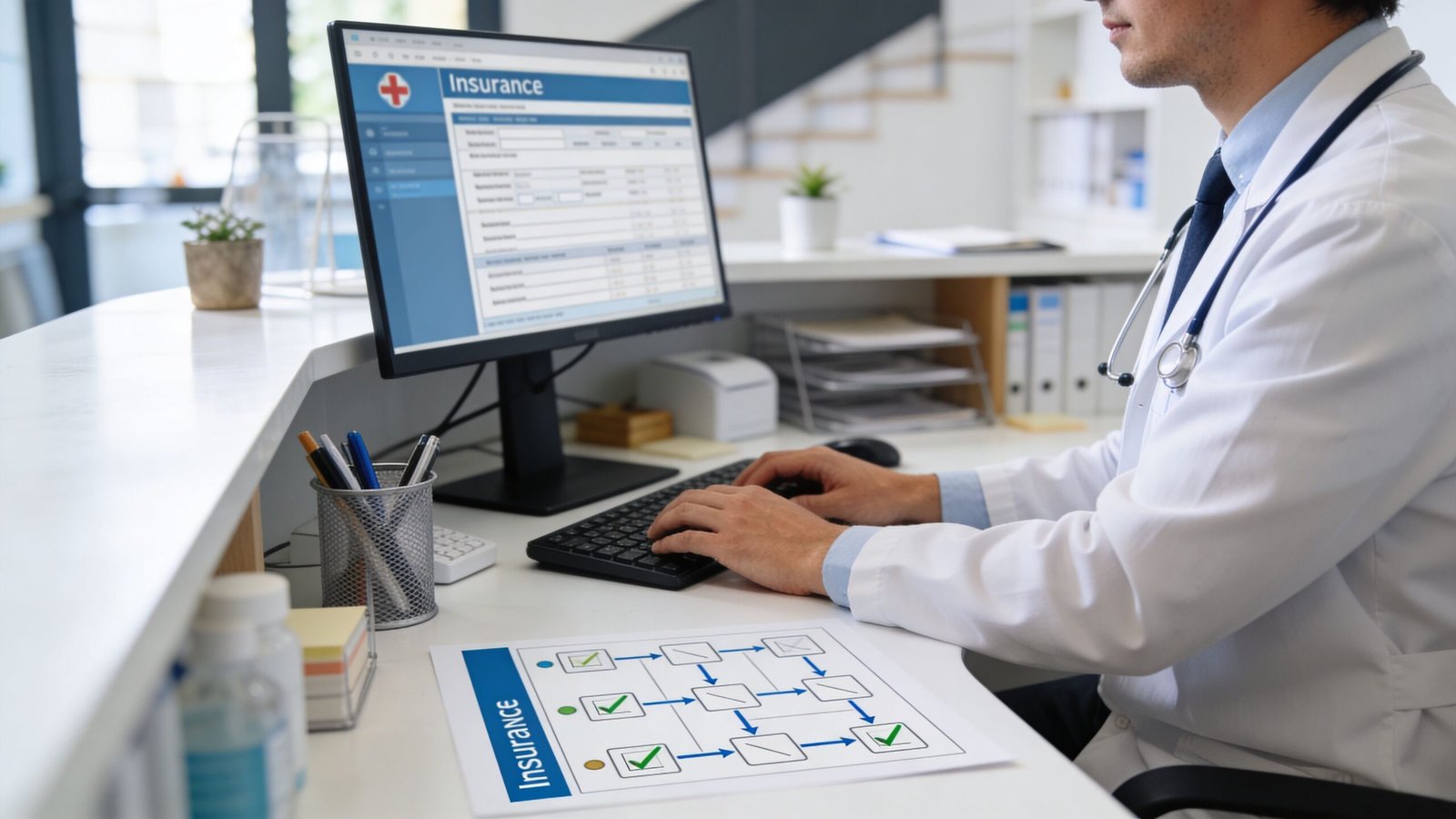 A healthcare professional working at a desk with an insurance form on a computer monitor.