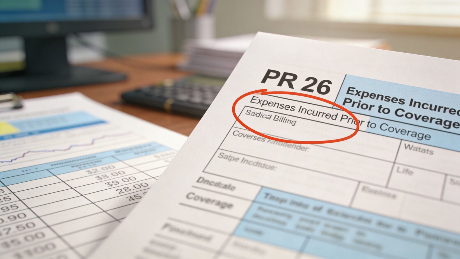 A document titled PR 26 Expenses Incurred Prior to Coverage lying on an office desk.