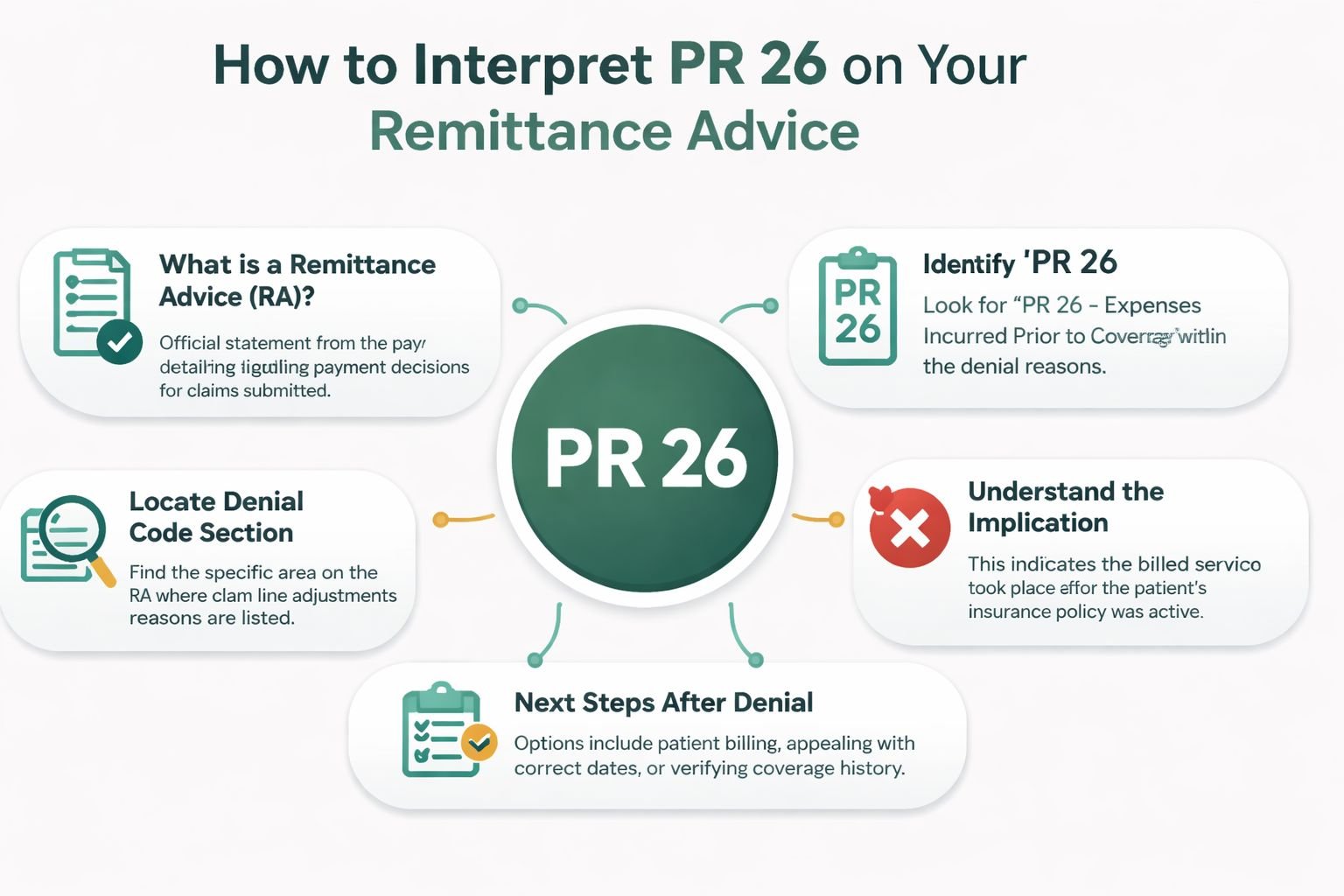 An infographic explaining how to interpret the insurance denial code PR 26 on a remittance advice document.