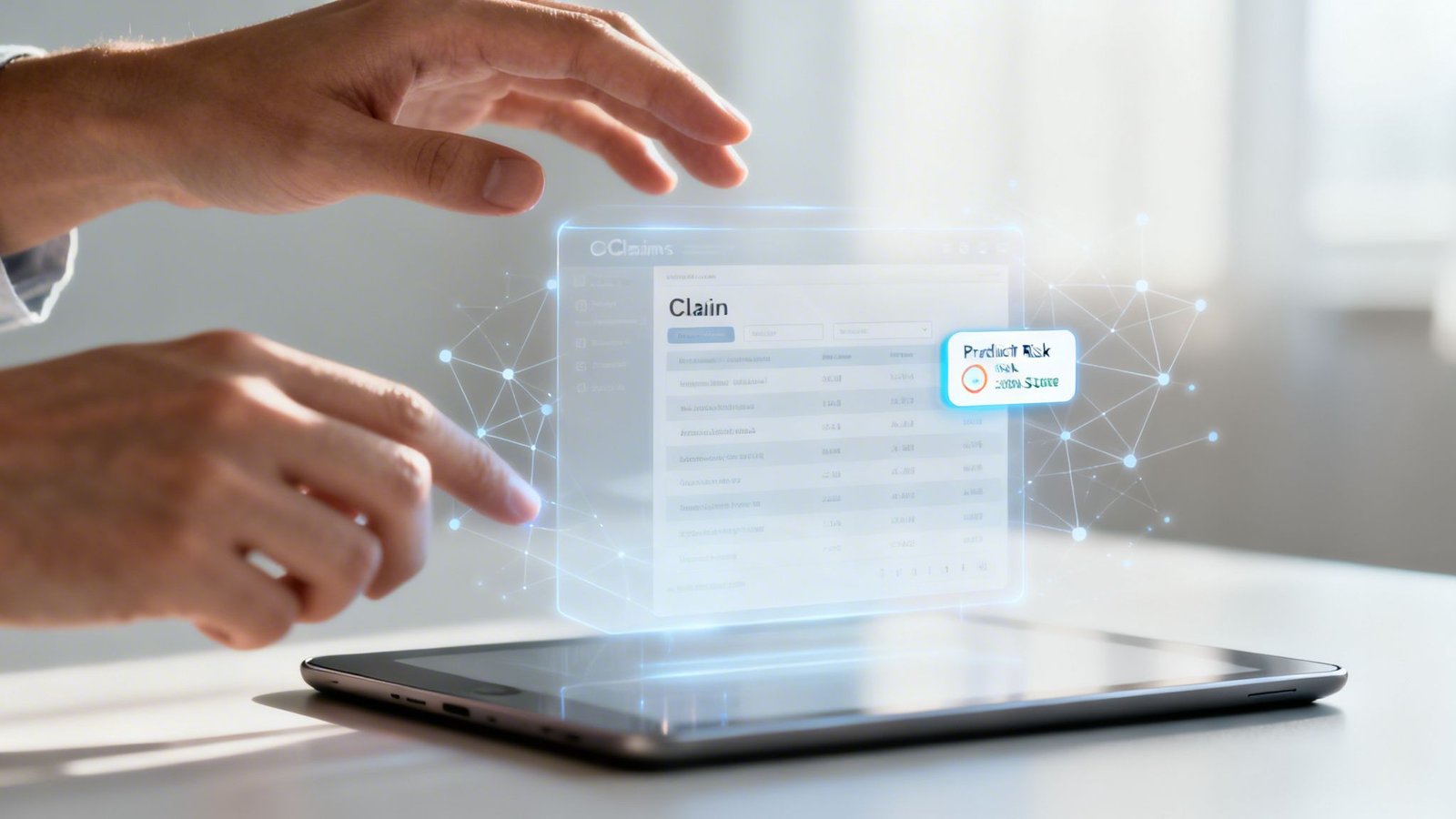 Hands interact with a holographic claims management interface, displaying product risk data above a tablet.
