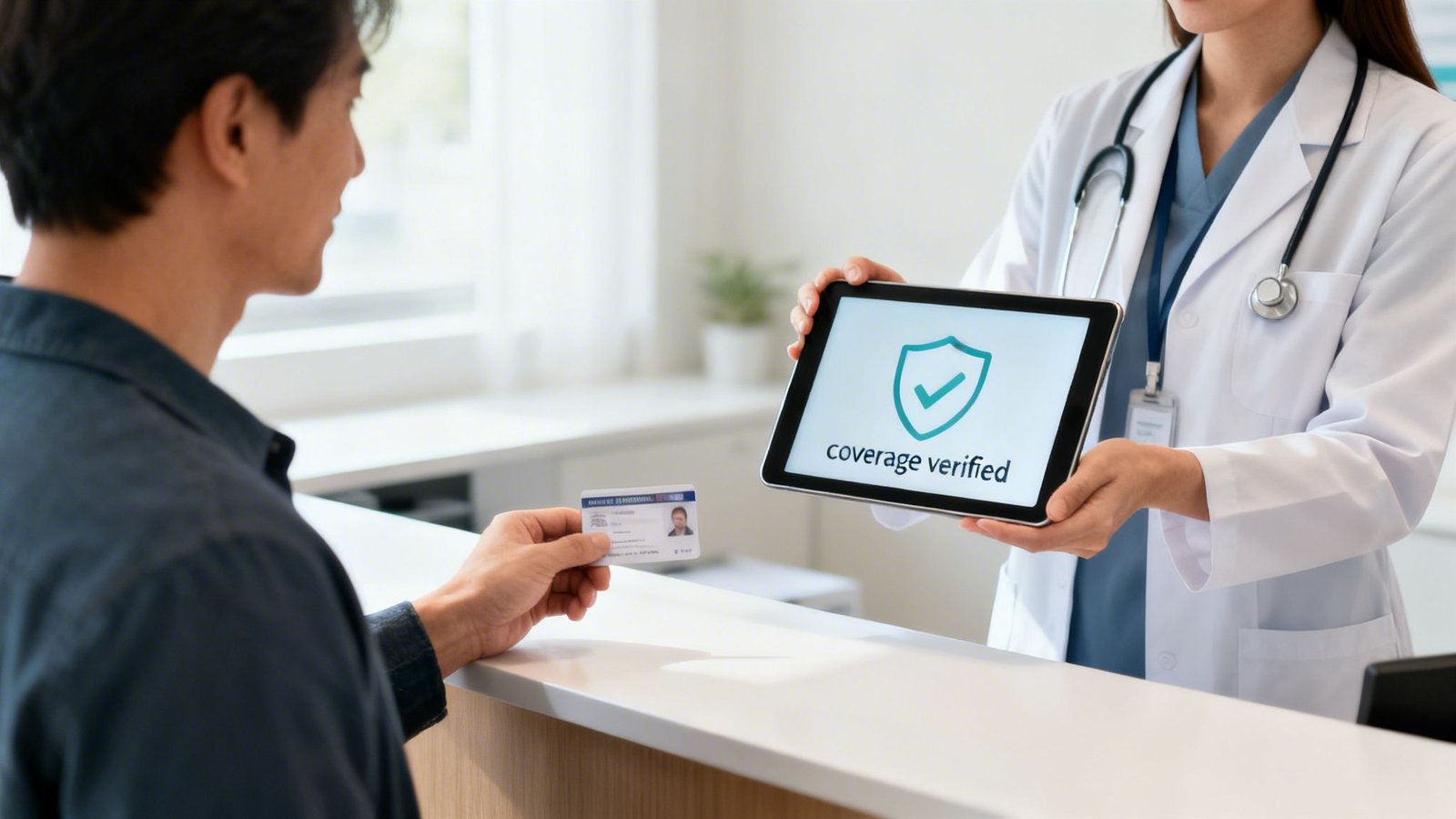 Doctor displays 'coverage verified' on tablet to a patient presenting an insurance card at a clinic.