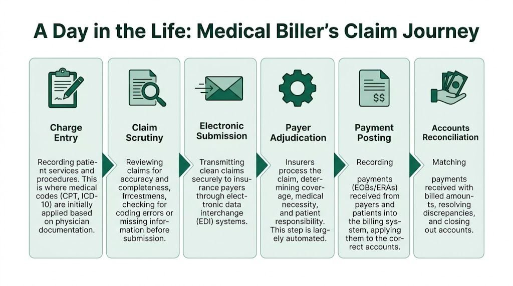An infographic showing the six sequential steps of the medical billing process from charge entry to reconciliation.