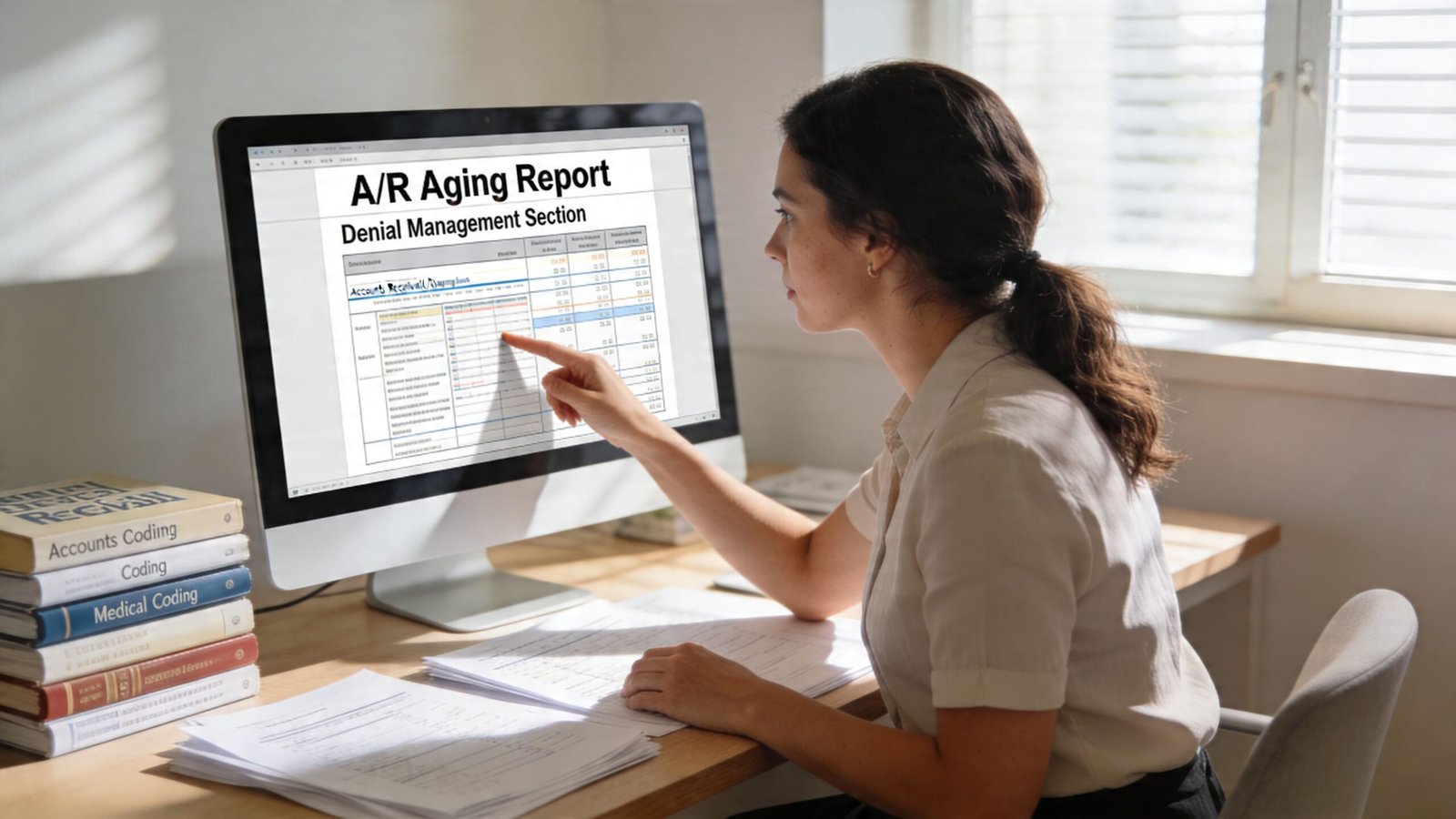 A professional medical biller reviewing account receivable and denial management data on a computer screen.