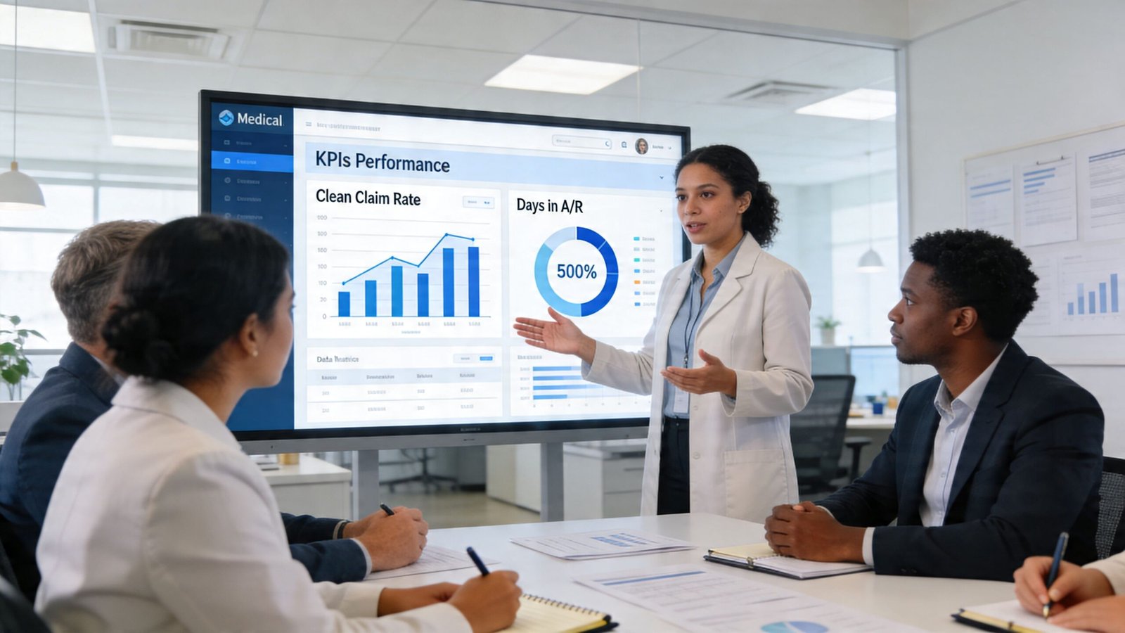 A healthcare professional presents medical billing data on a large screen to her team in a conference room.