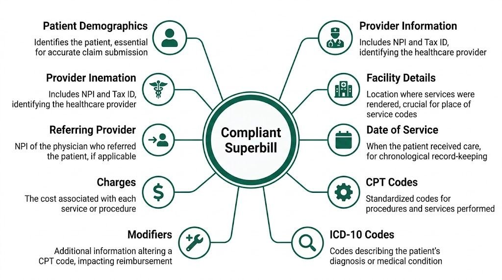 A diagram illustrating the essential components required for creating a compliant medical billing superbill document.