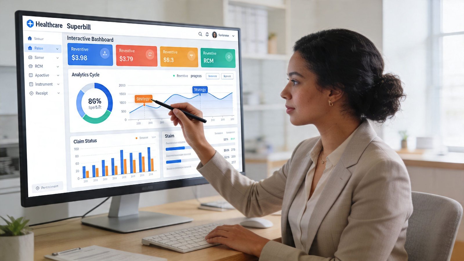 A professional woman in a suit pointing at medical billing dashboard data on a large computer monitor.
