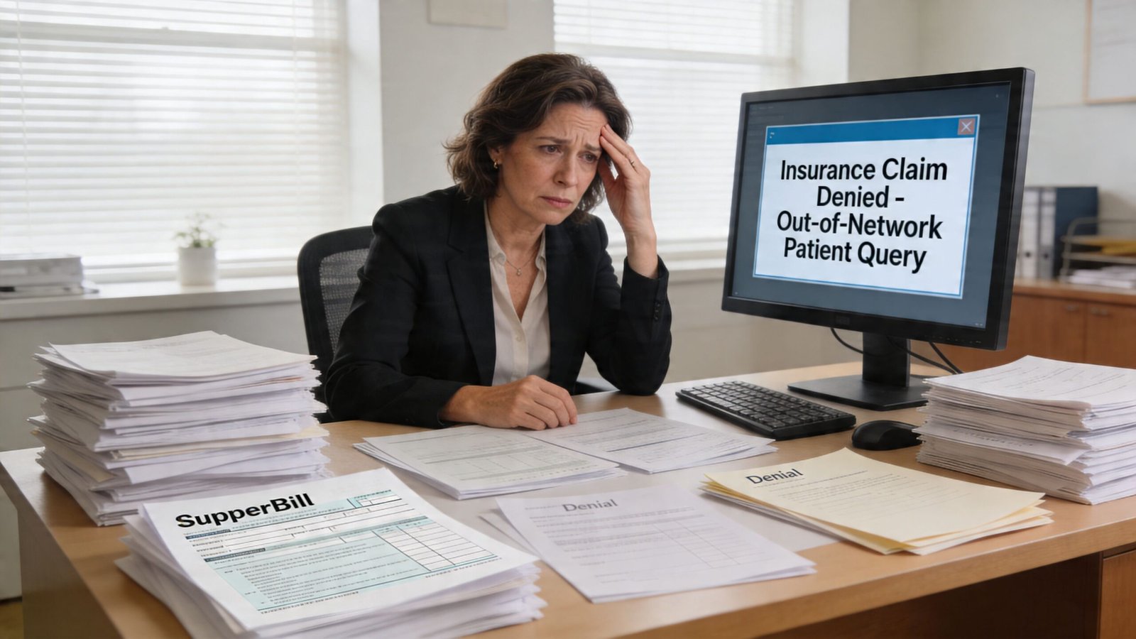 A stressed female office worker sitting at a desk overflowing with insurance claim documents and medical superbills.