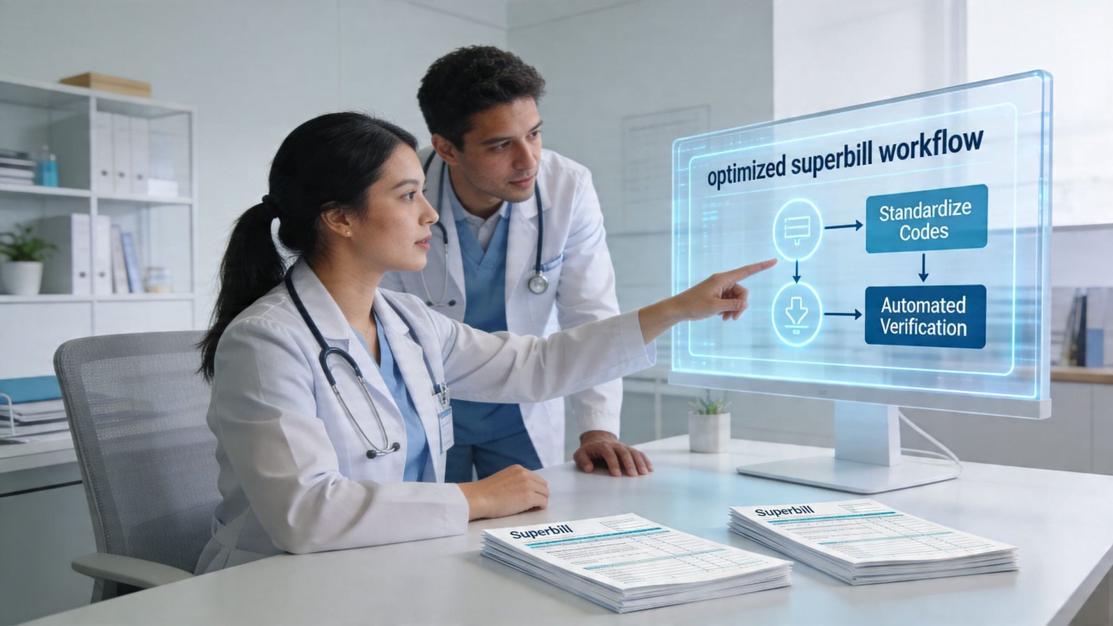 A female doctor pointing at an optimized superbill workflow digital display while standing next to a male doctor.