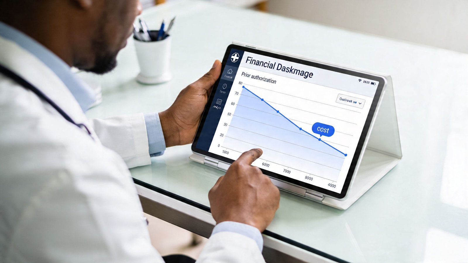 A medical doctor reviews prior authorization cost trends on a digital tablet at a desk.