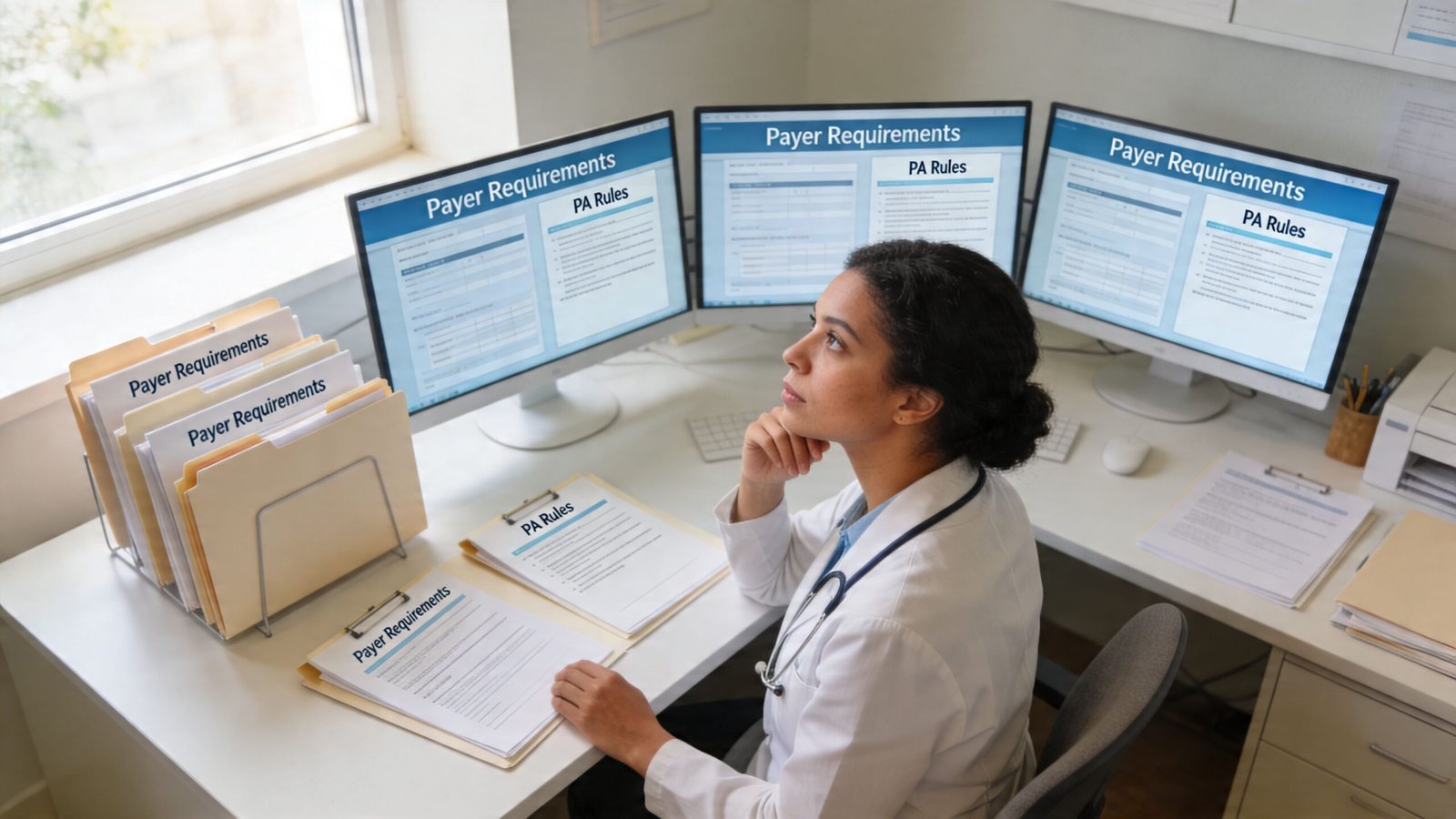 A healthcare professional analyzing prior authorization paperwork on multiple computer screens and physical file folders at a desk.