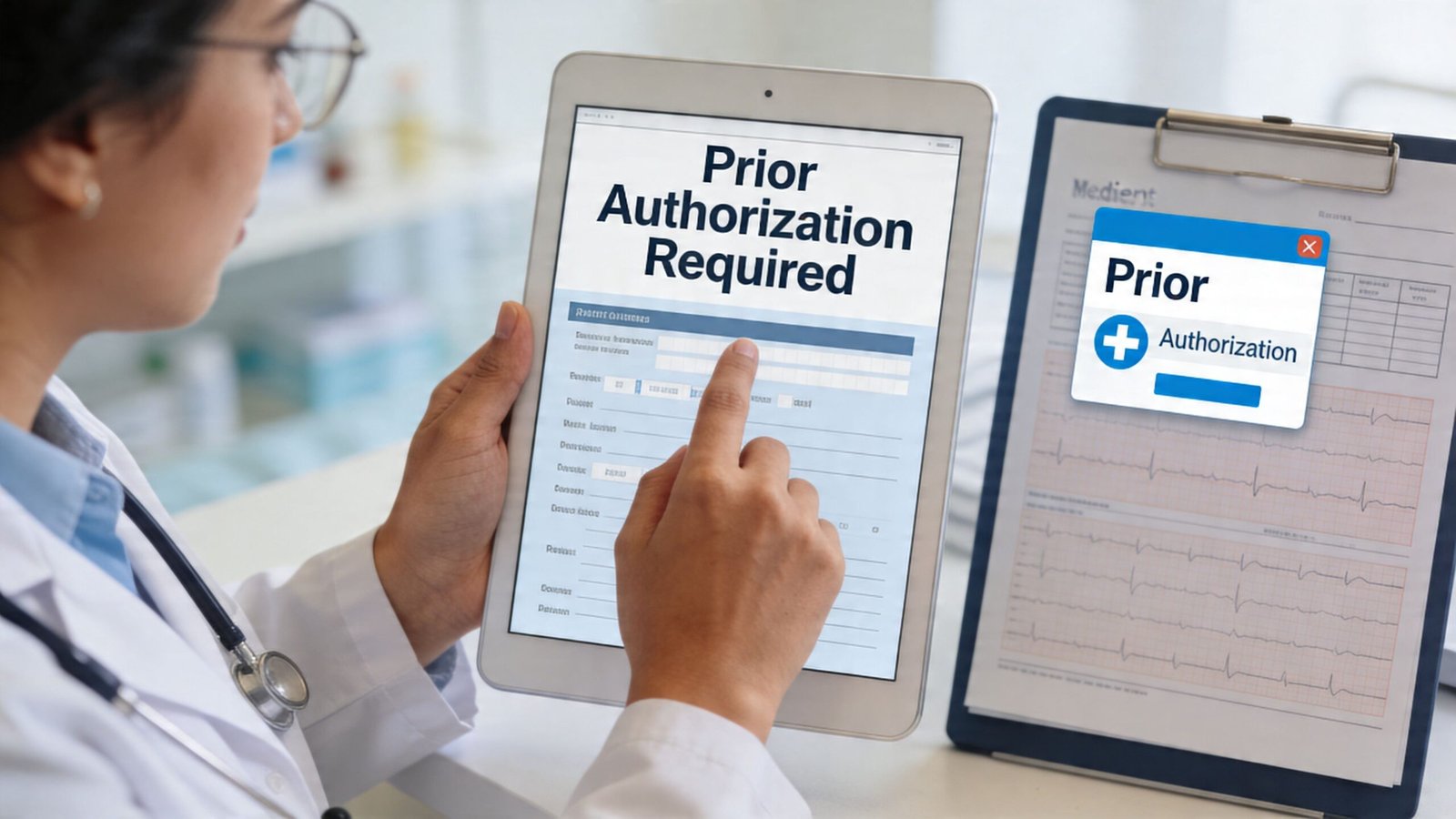 A doctor in a white lab coat using a digital tablet to process a prior authorization form.