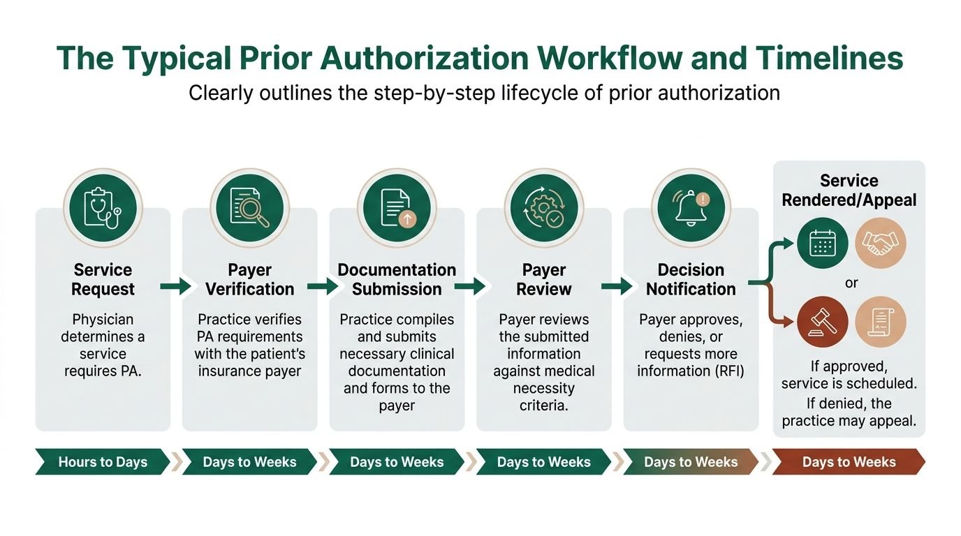 An infographic showing the typical step-by-step prior authorization workflow process in healthcare with associated timeframes.