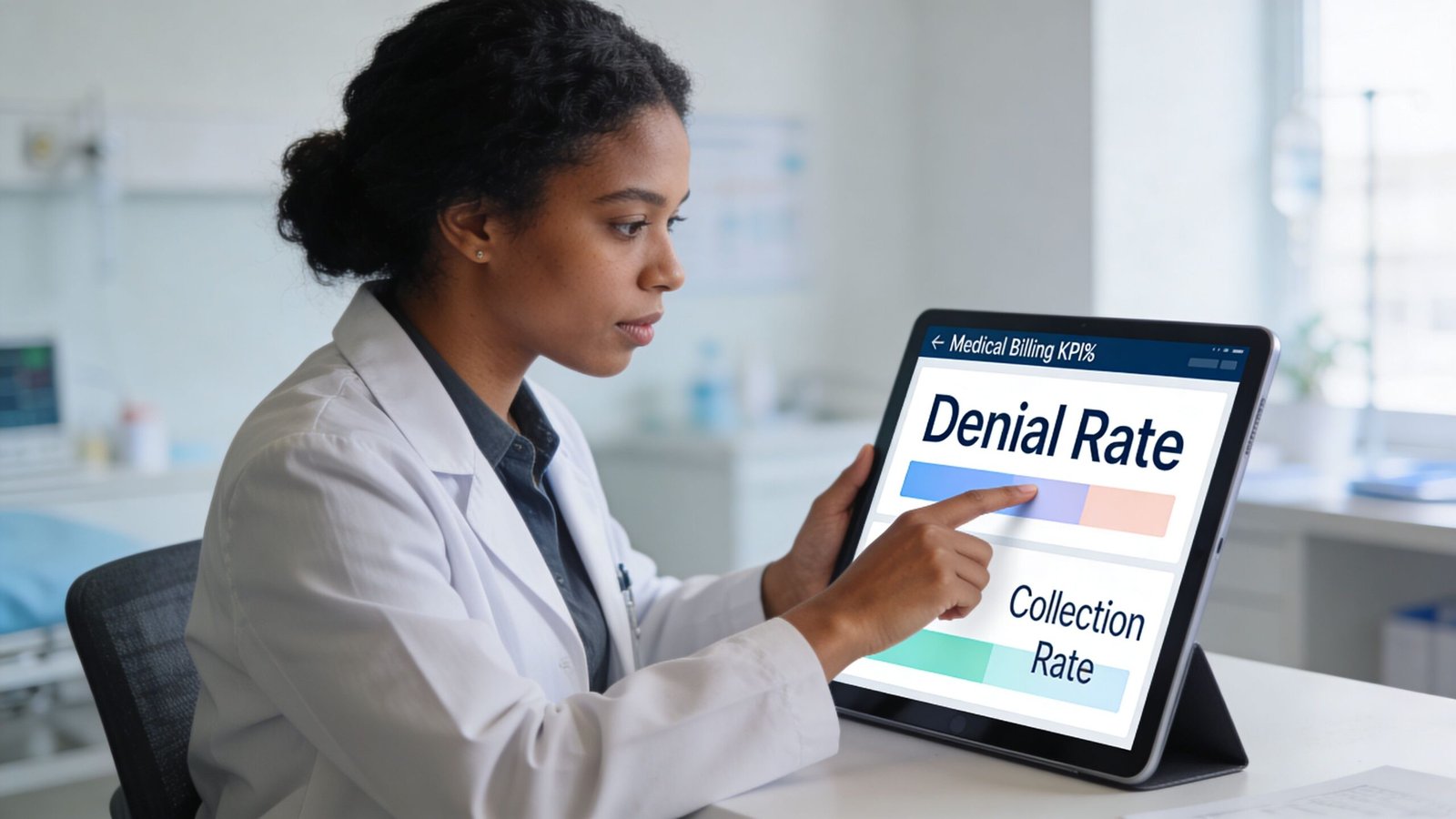 A healthcare professional analyzing medical billing KPI data, including denial and collection rates, on a tablet screen.