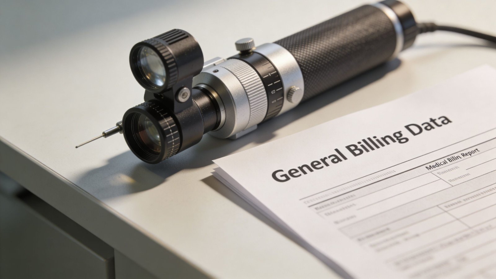 A professional medical instrument placed next to a document titled General Billing Data on a desk.