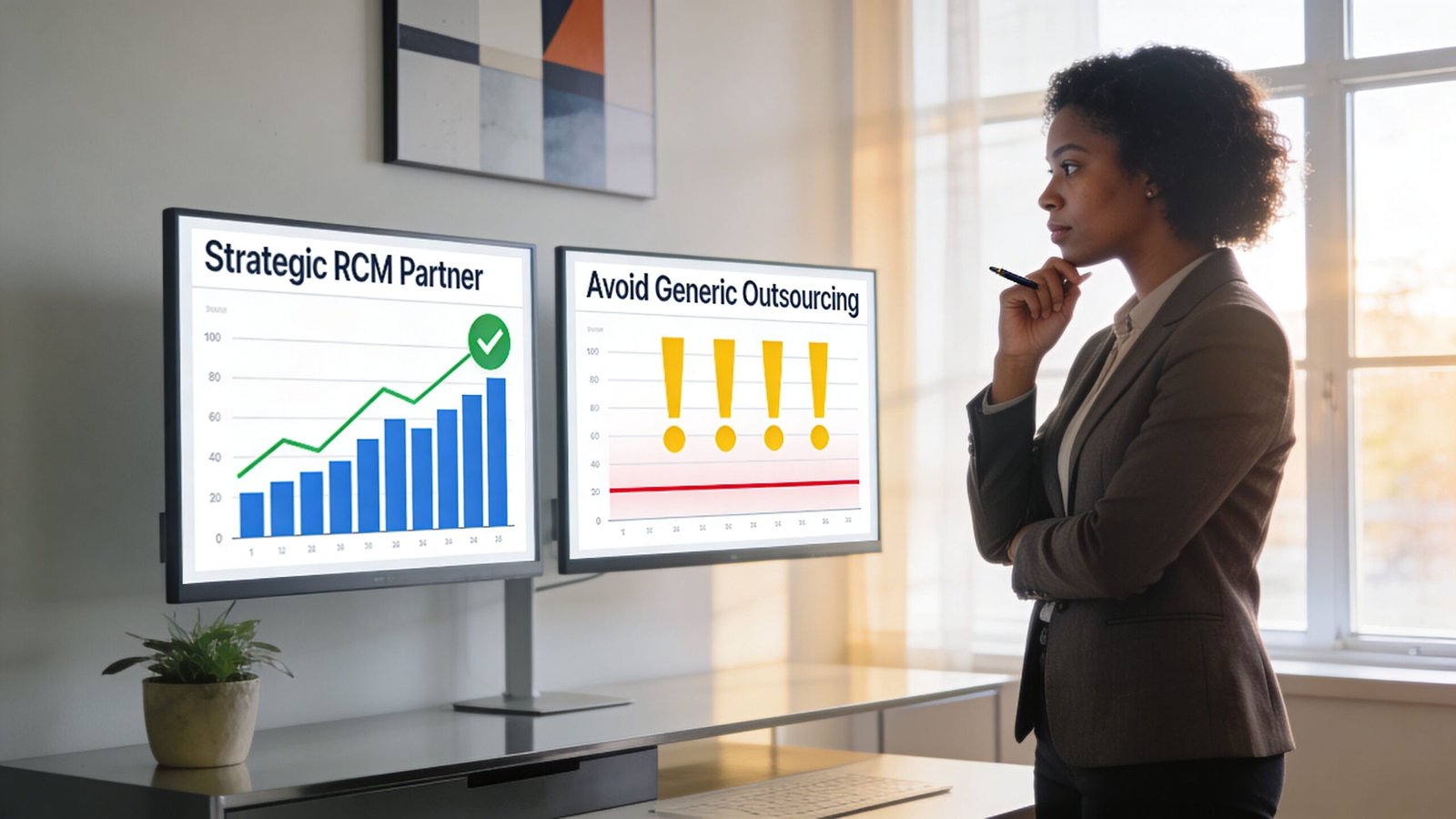 A professional woman looks at two monitors comparing the benefits of a strategic RCM partner versus generic outsourcing.