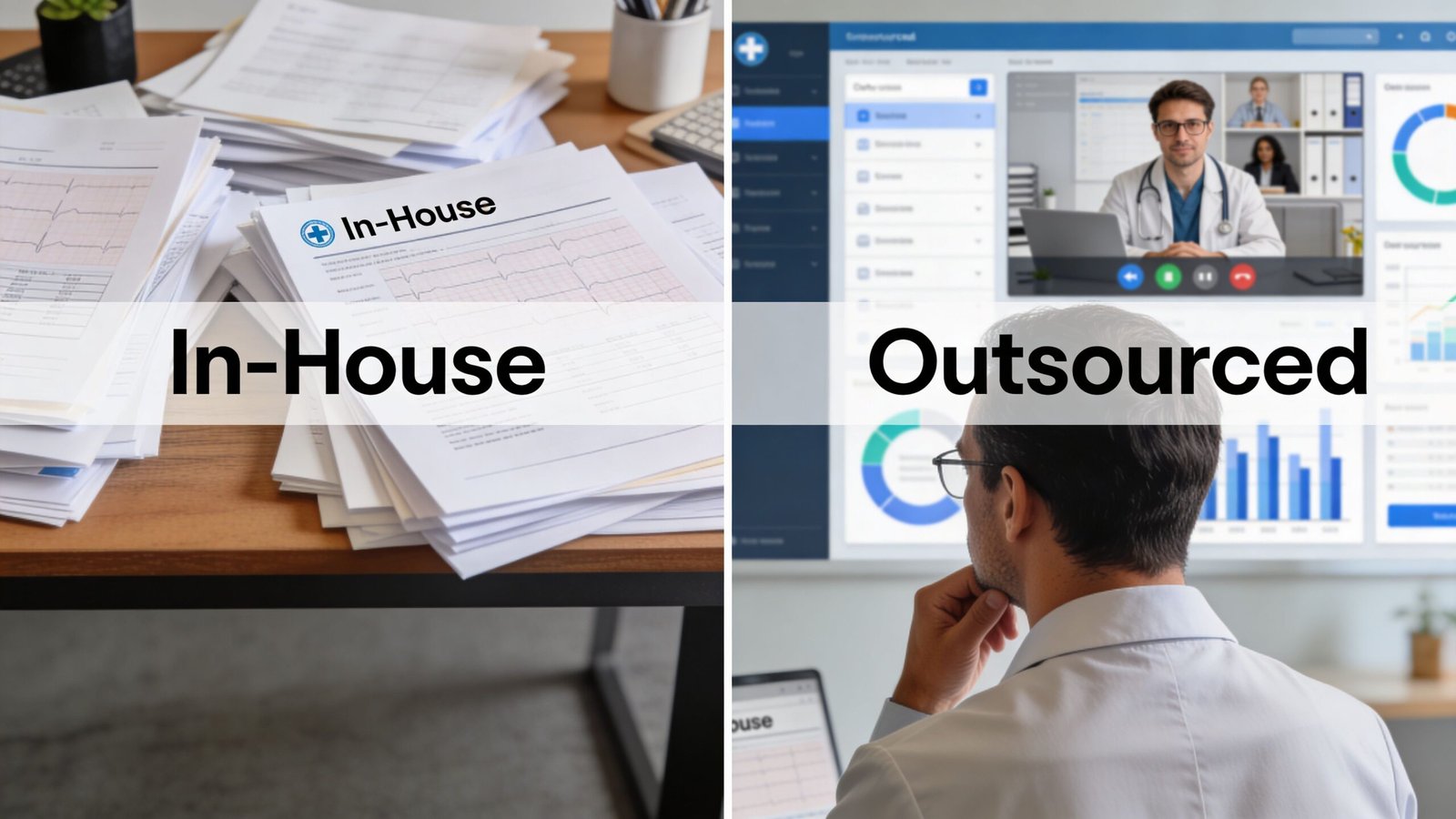 A split screen comparing traditional in-house medical paperwork with modern outsourced digital revenue cycle management workflows.