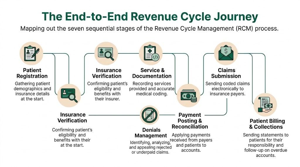 A flowchart diagram illustrating the seven sequential stages of the end-to-end revenue cycle management process in healthcare.