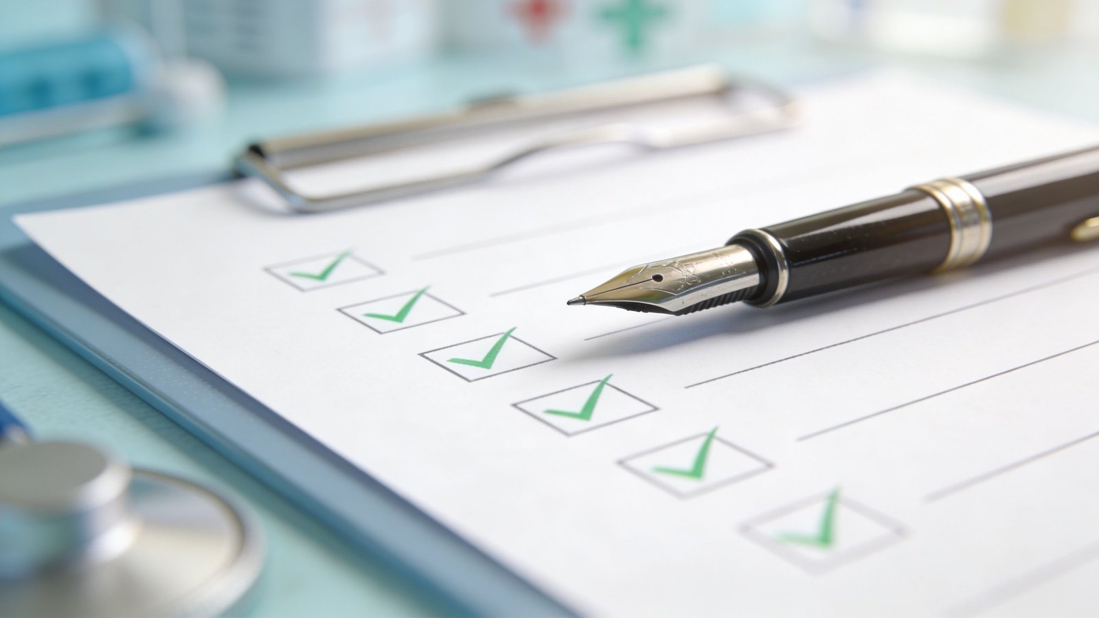 A close-up view of a checklist on a clipboard with a fountain pen resting on paper.