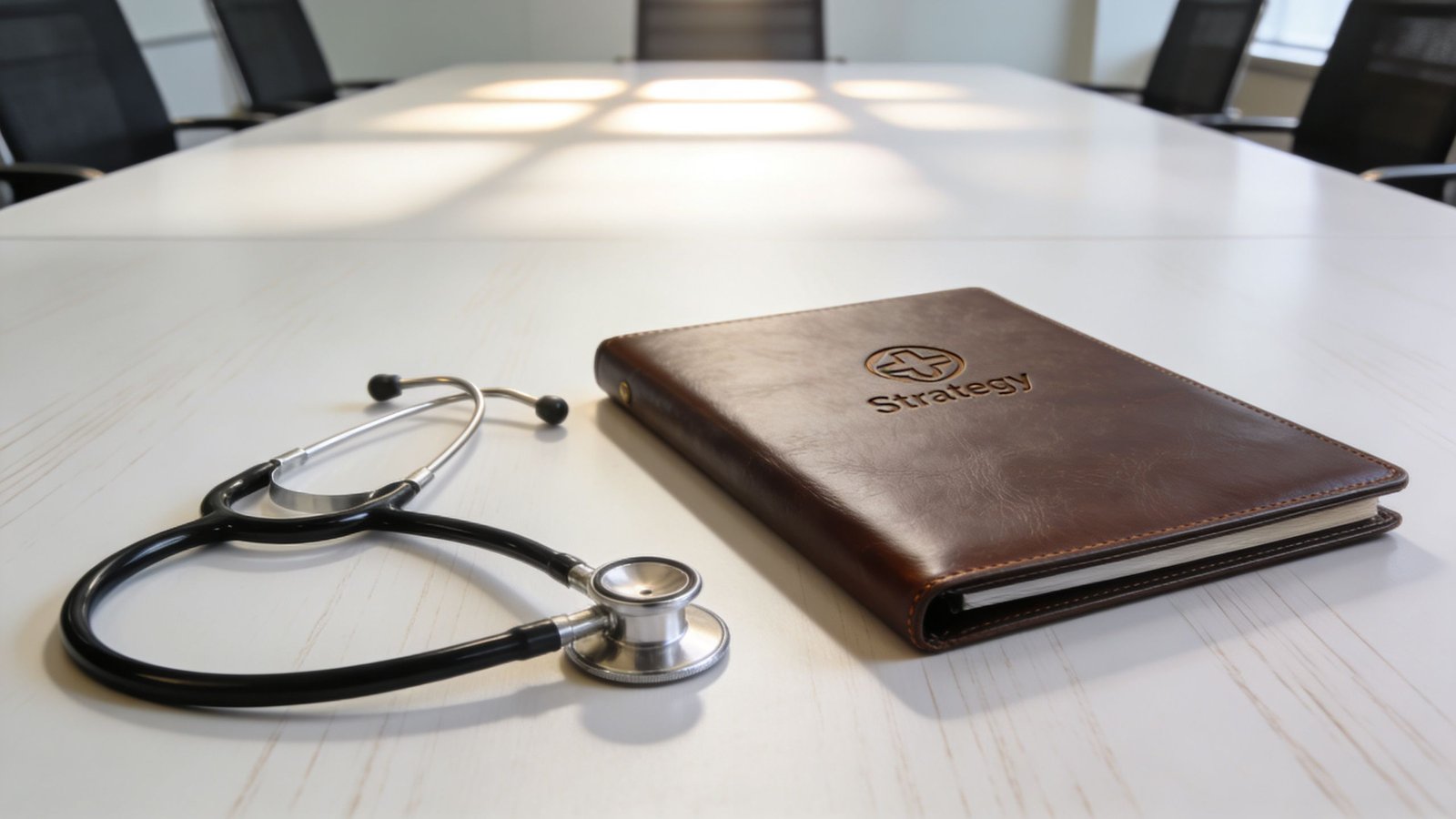 A stethoscope rests on a white meeting table next to a leather notebook labeled with Strategy text.