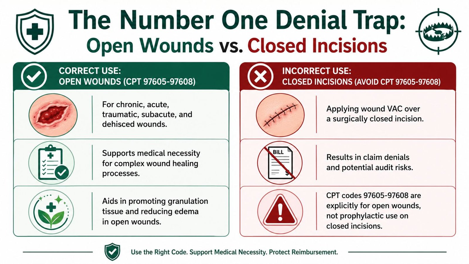 An infographic explaining the proper use of CPT codes 97605-97608 for open wounds versus closed surgical incisions.