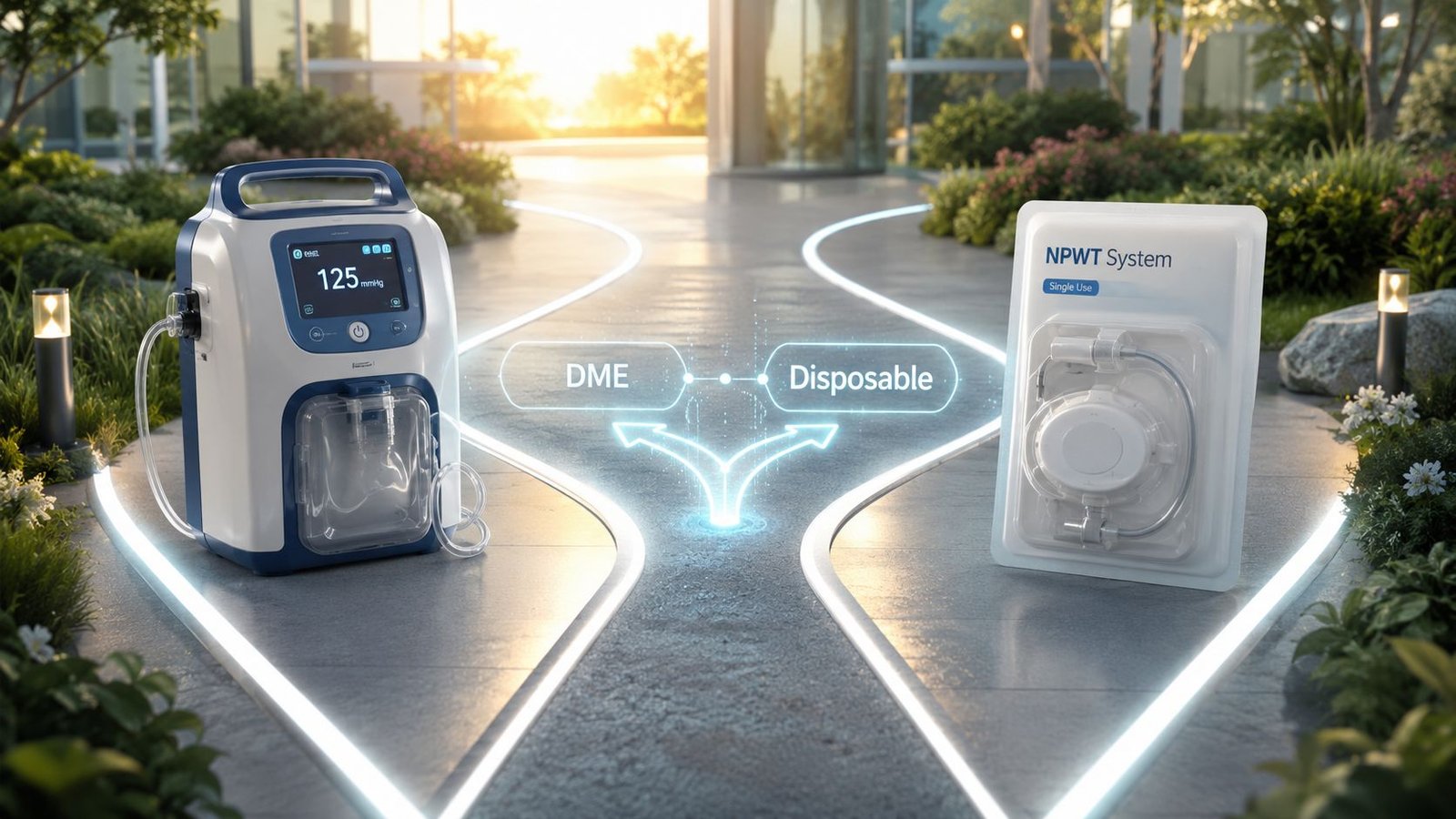 Comparison of durable medical equipment and single-use disposable NPWT systems for professional wound care therapy.