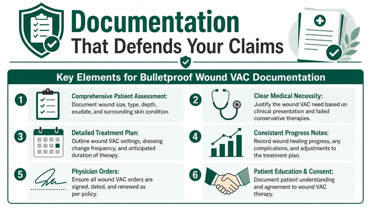 An infographic detailing six essential elements for documenting wound vacuum assisted closure therapy for medical claims.