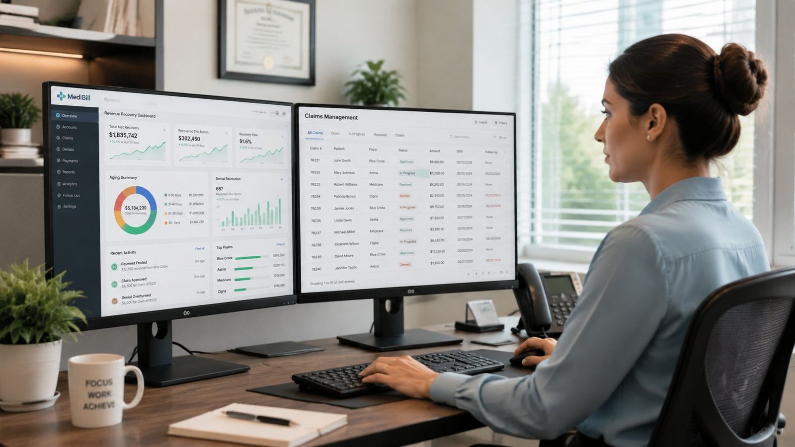 A professional working on dual monitors displaying medical billing and claims management data in an office.