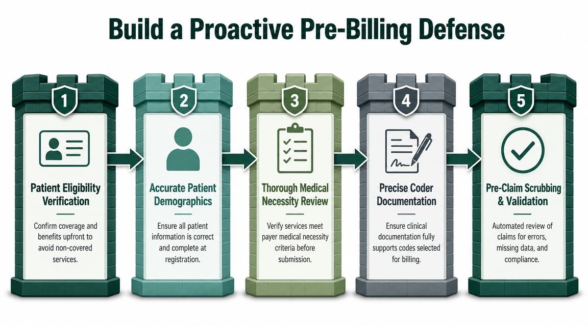 A five-step graphic illustrating how to build a proactive pre-billing defense for medical claims.