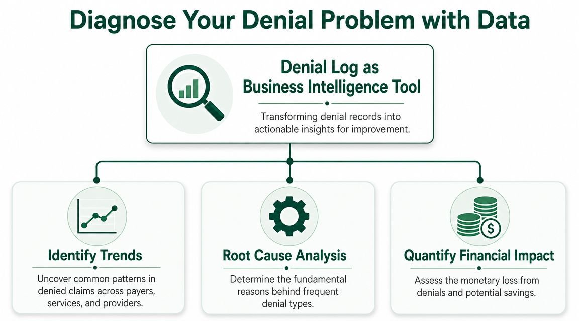 A diagram showing how to diagnose claim denial problems using data-driven insights and root cause analysis.