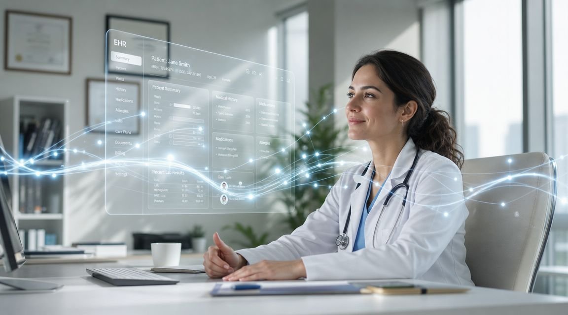 A professional doctor viewing a digital medical patient record hologram with data visualization in an office.