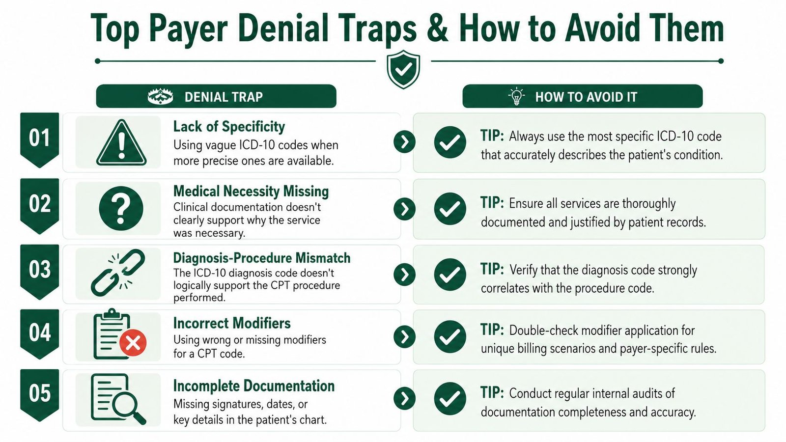 A chart illustrating five common medical billing denial traps and practical tips to help avoid them.