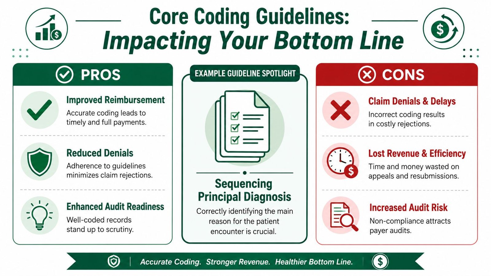 An infographic detailing the pros and cons of medical coding guidelines and their impact on revenue cycle management.