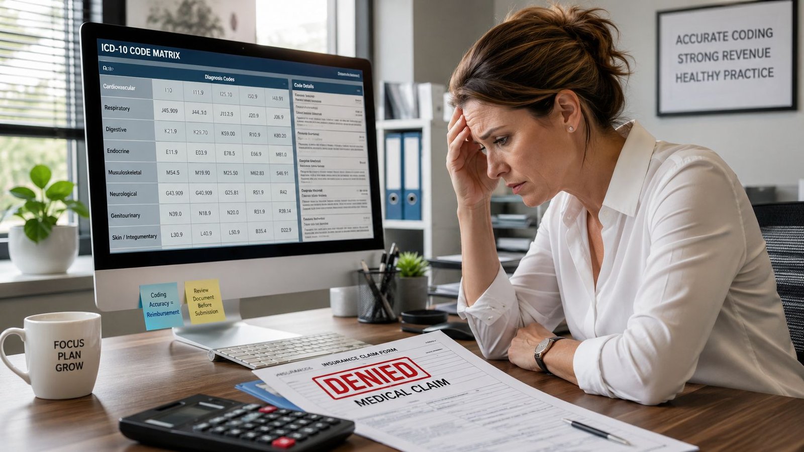 A stressed woman working at her desk with a denied medical claim and computer screen showing codes.