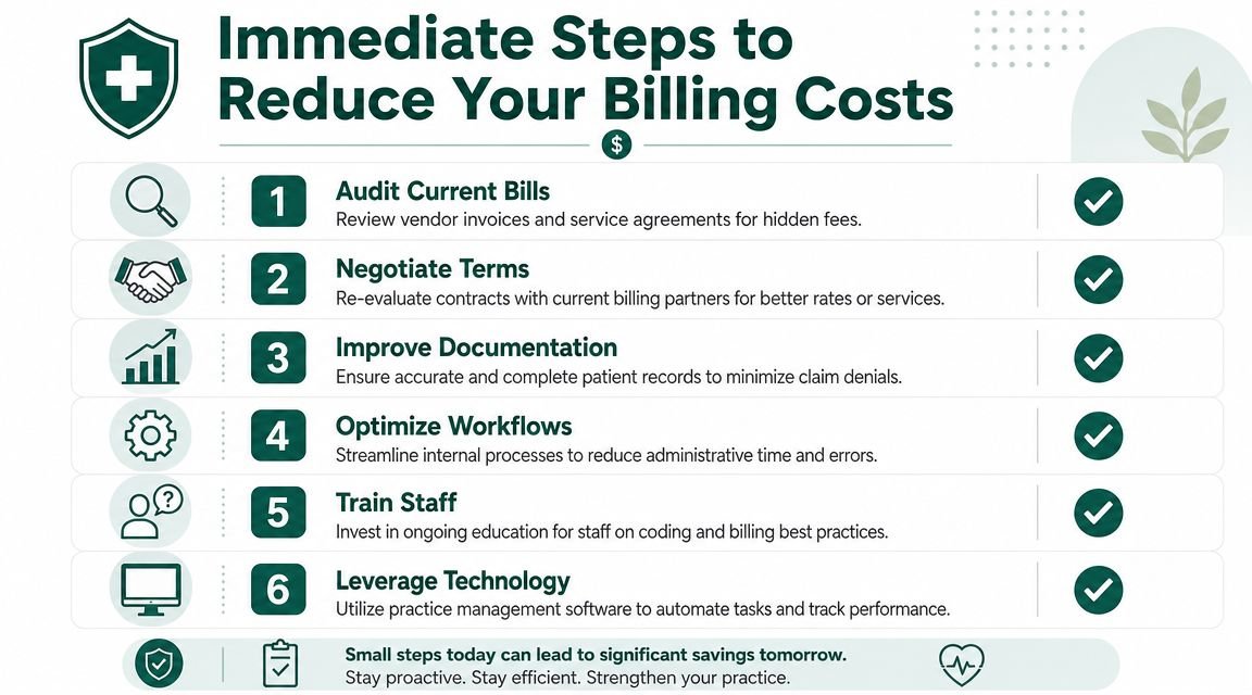 An infographic titled Immediate Steps to Reduce Your Billing Costs listing six strategies to improve medical practice efficiency.