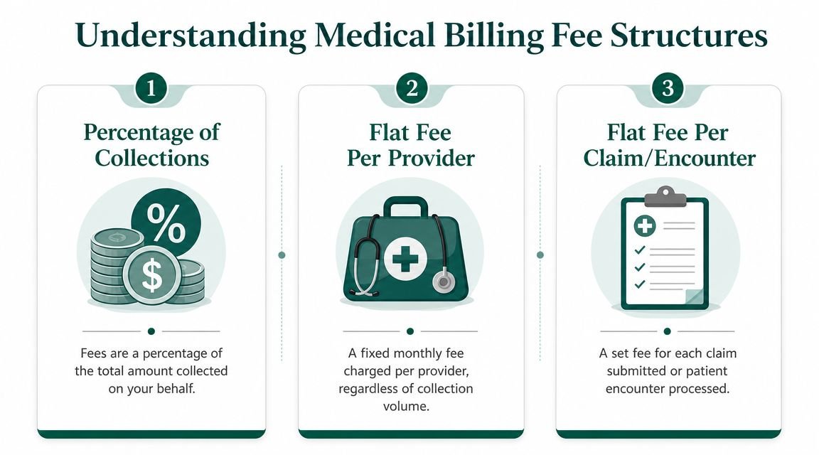 An infographic showing three common medical billing fee structures: percentage of collections, flat fee per provider, and flat fee per claim.