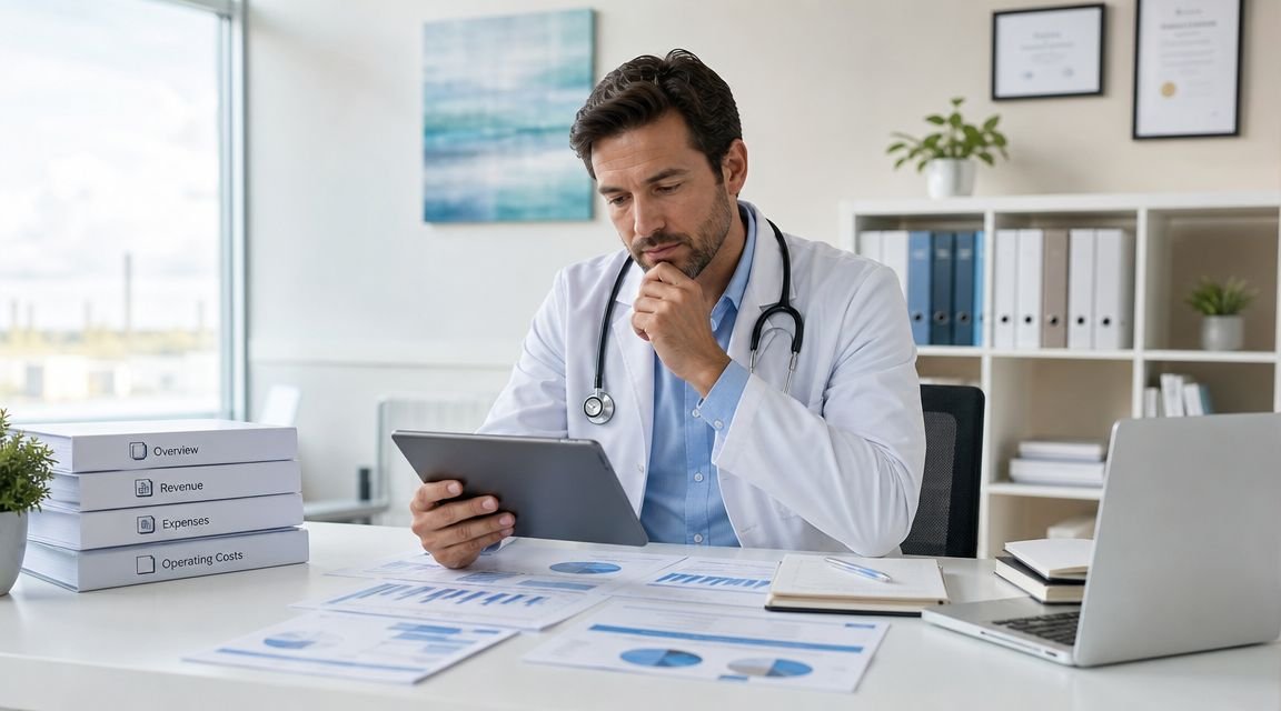 A male doctor in a white coat reviewing financial reports on a tablet at his office desk.