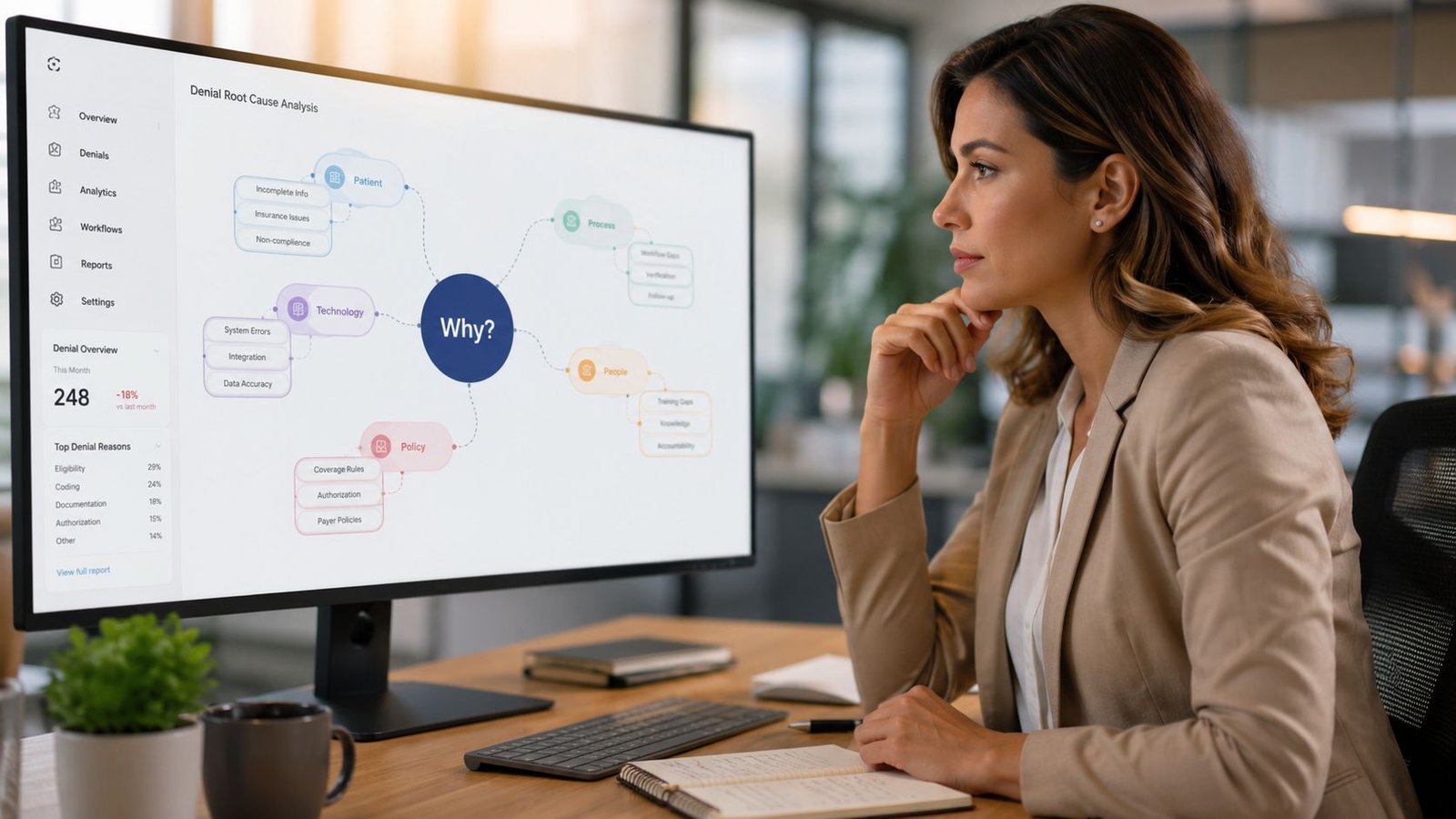 A professional woman analyzes medical billing denial root causes on a large computer monitor in an office.
