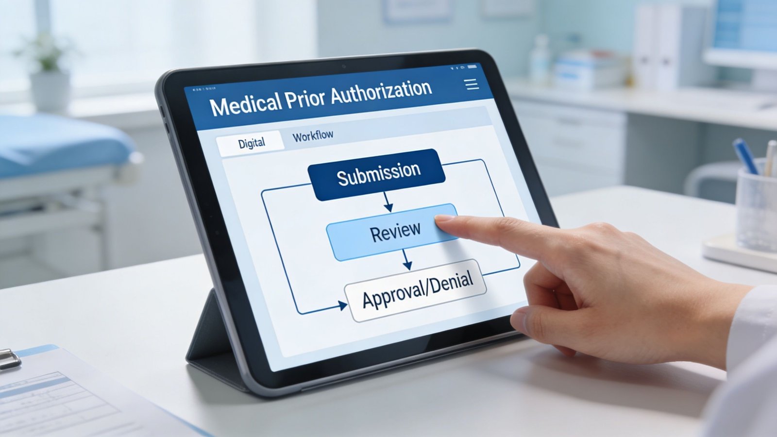 A person using a tablet to navigate a digital medical prior authorization workflow on a clinic desk.