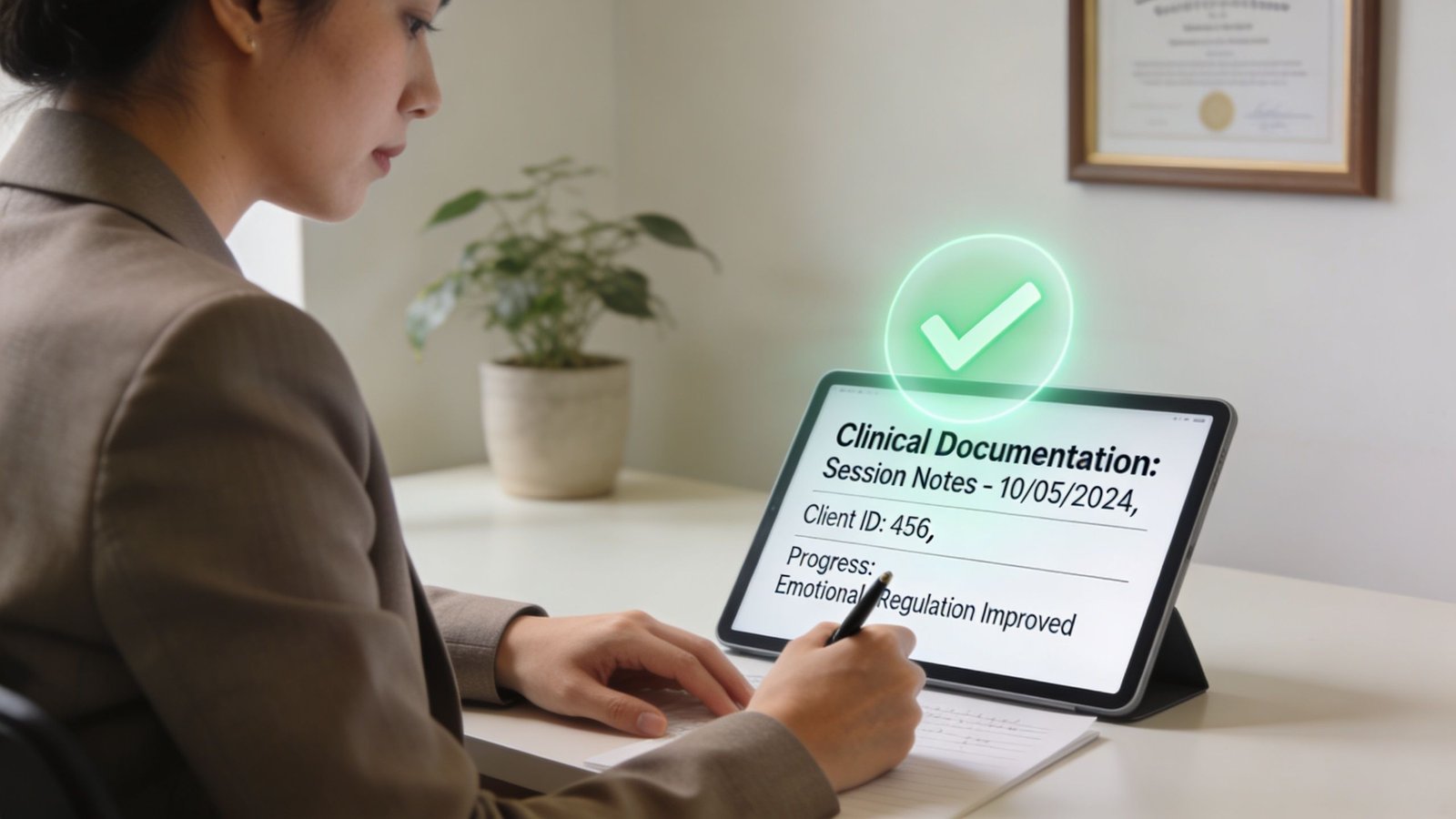 A mental health professional writing notes while reviewing a digital clinical documentation report on a tablet computer.