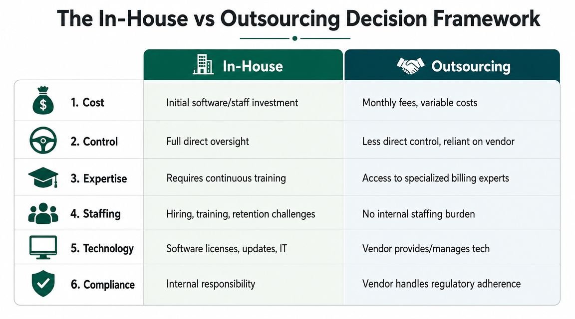 A comparison table outlining key factors for choosing between in-house and outsourced medical billing services.