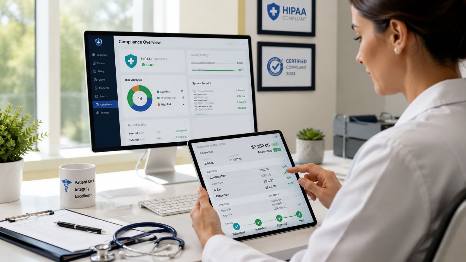 A healthcare professional using a digital tablet to review medical billing and compliance data in an office.