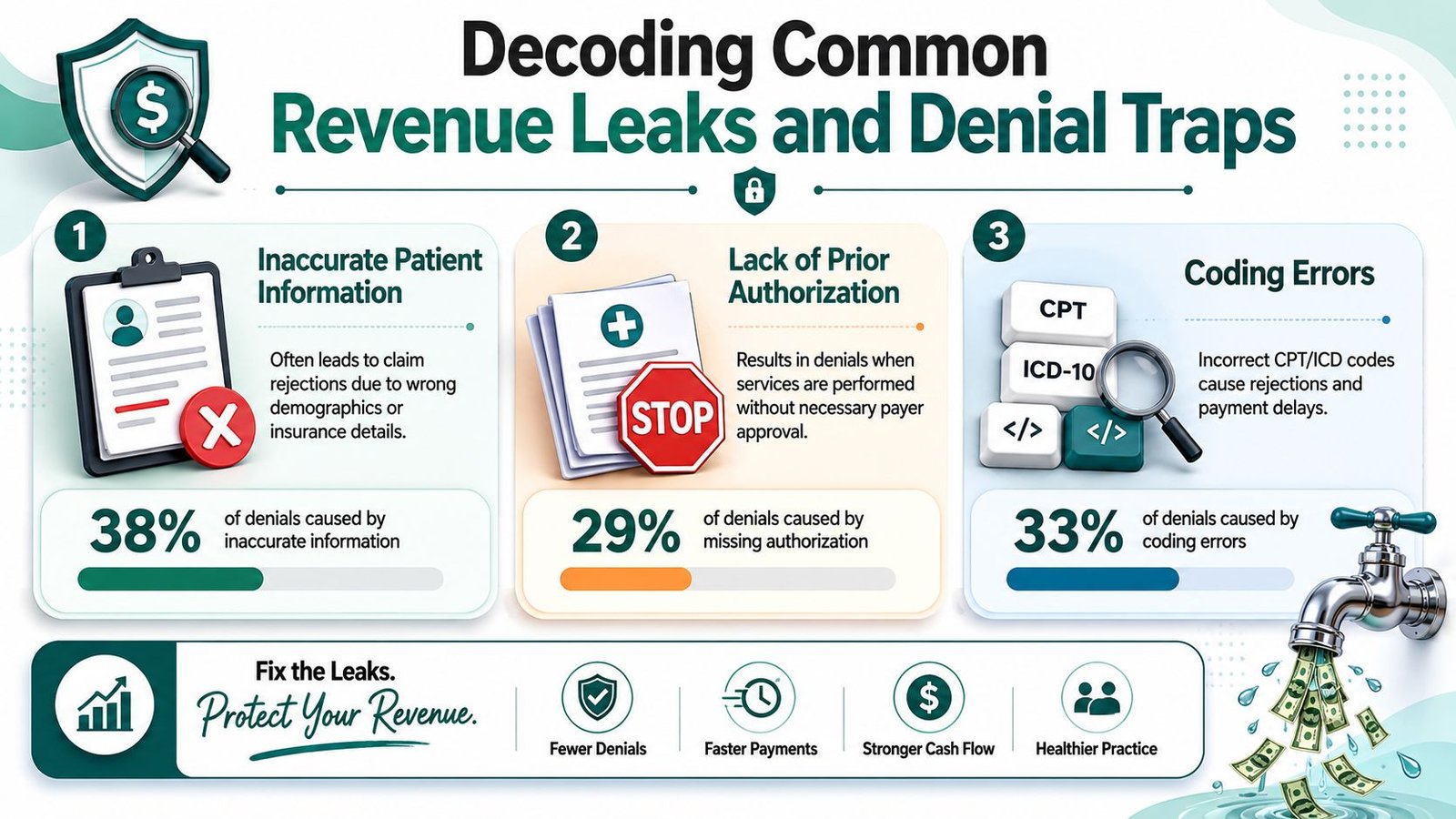 An infographic titled Decoding Common Revenue Leaks and Denial Traps, explaining three major medical billing claim denials.