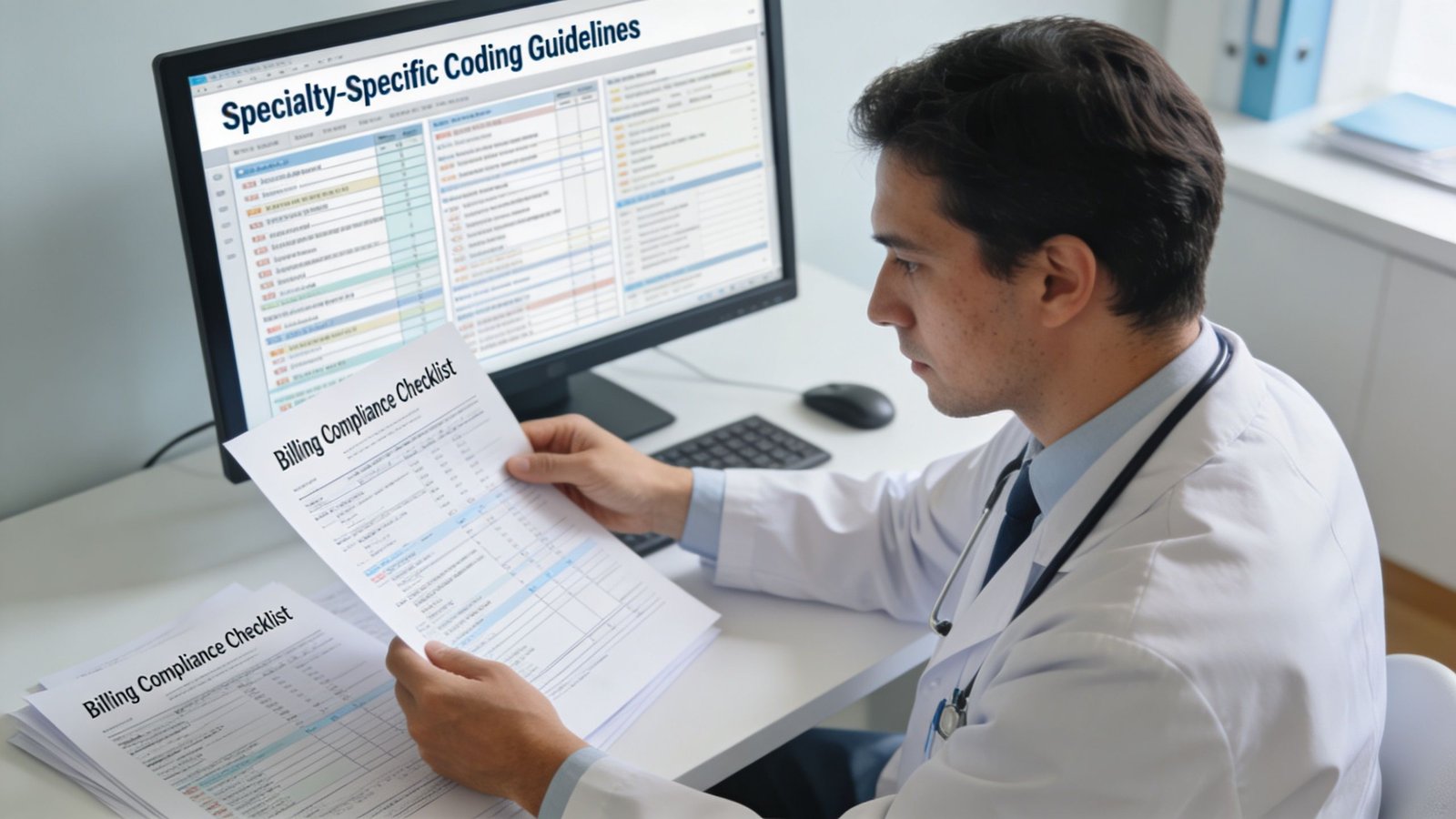 A male physician in a white coat reviewing medical billing compliance checklists in his office.