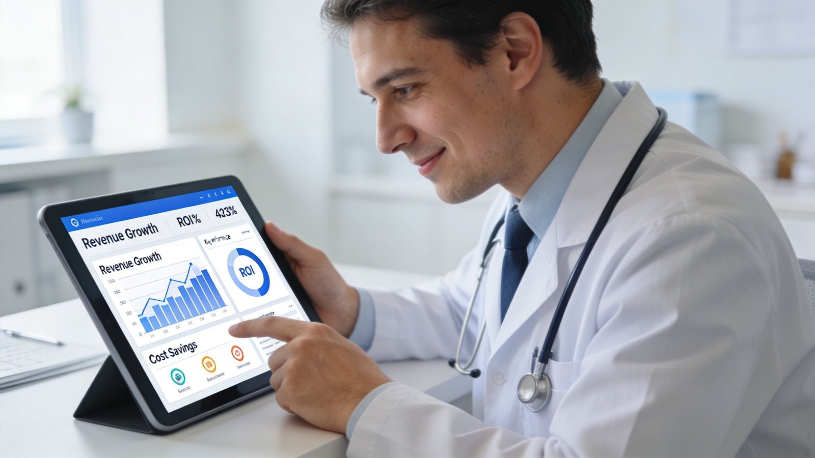 A smiling male physician reviews revenue growth and ROI analytics on a tablet screen in his office.