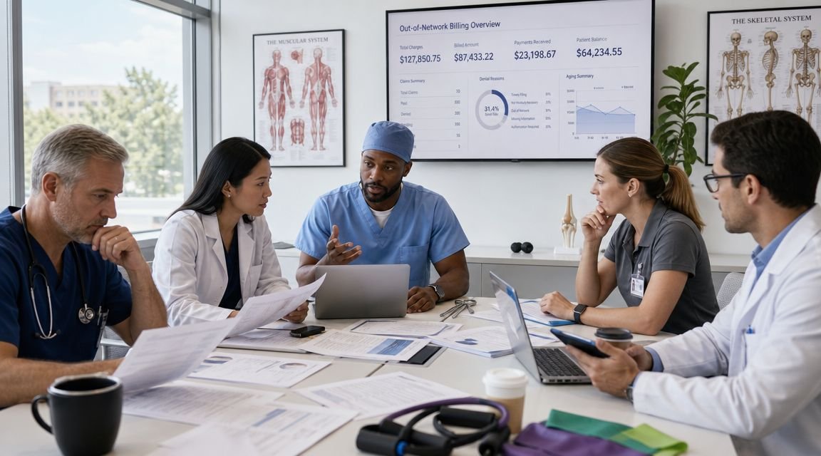 A team of medical professionals having a business meeting in a conference room with billing data on screen.