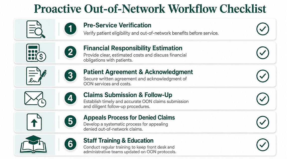 A six-step checklist for a proactive out-of-network billing workflow to improve patient communication and insurance claims processing.