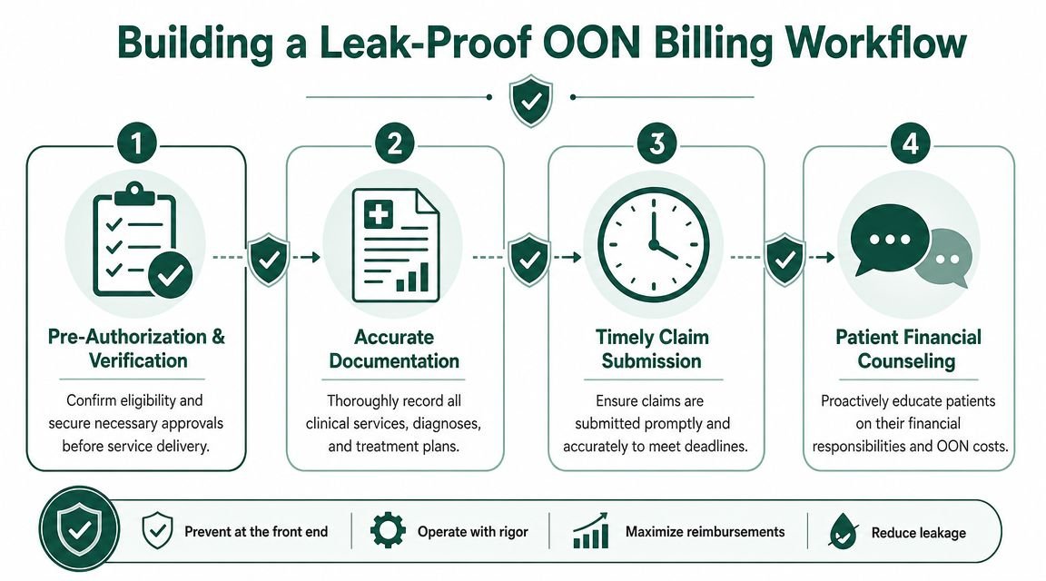 A flowchart showing four key steps to building a leak-proof out of network billing workflow for healthcare providers.