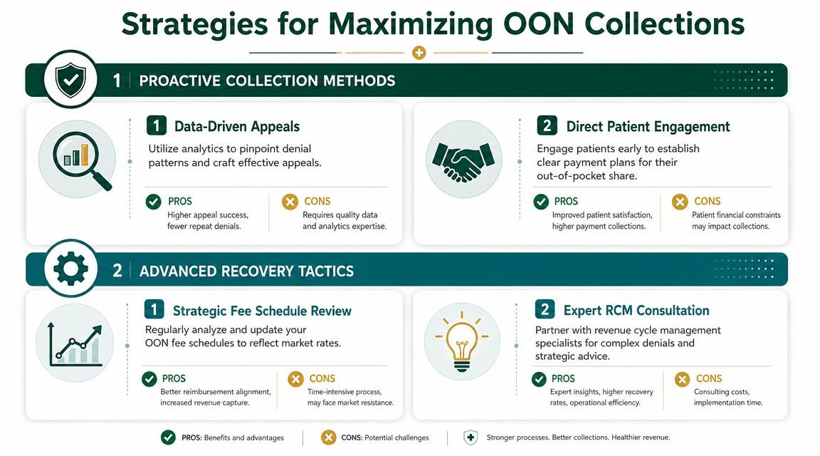 A strategic guide highlighting methods for maximizing out of network medical collections through proactive and advanced tactics.